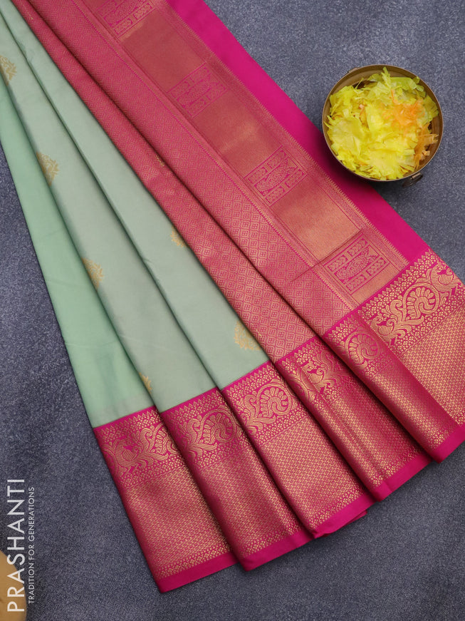 Semi kanjivaram silk saree pastel green and pink with zari woven buttas and zari woven korvai border