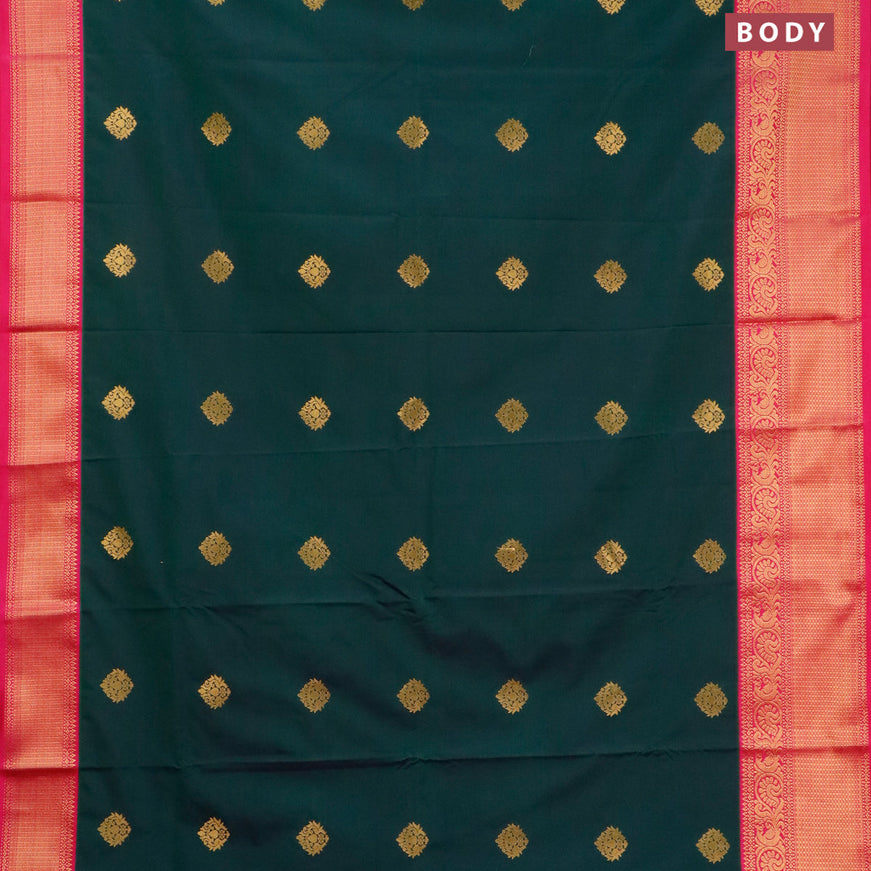 Semi kanjivaram silk saree bottle green and pink with zari woven buttas and zari woven korvai border
