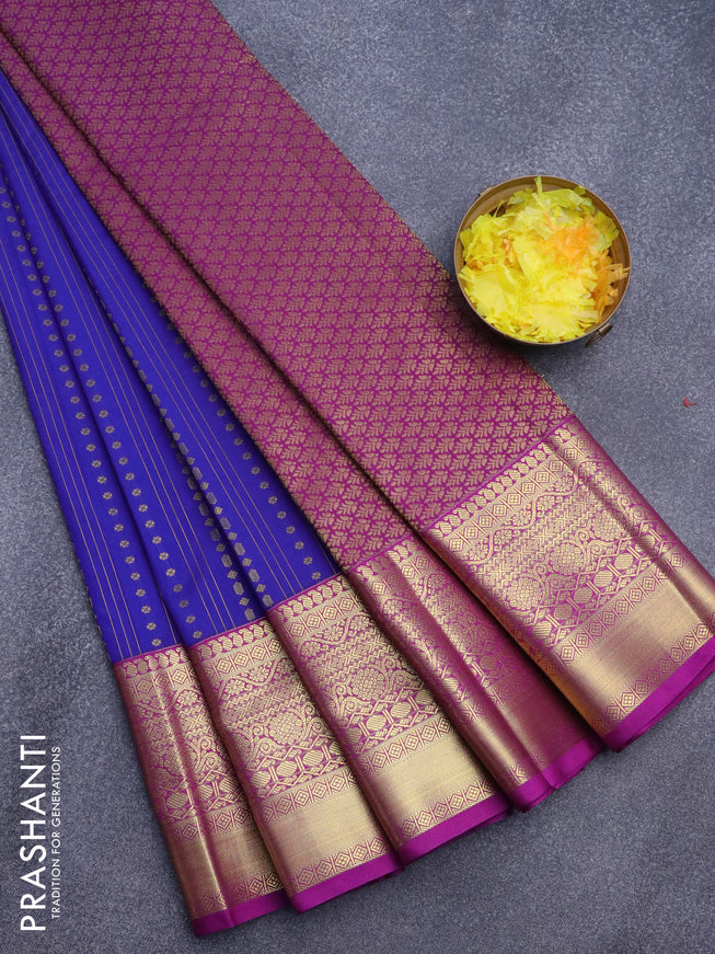 Semi kanjivaram silk saree blue and purple with allover zari weaves and zari woven korvai border