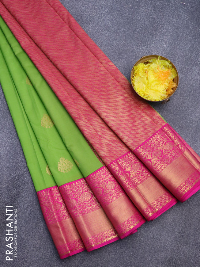 Semi kanjivaram silk saree light green and pink with zari woven buttas and long zari woven korvai border