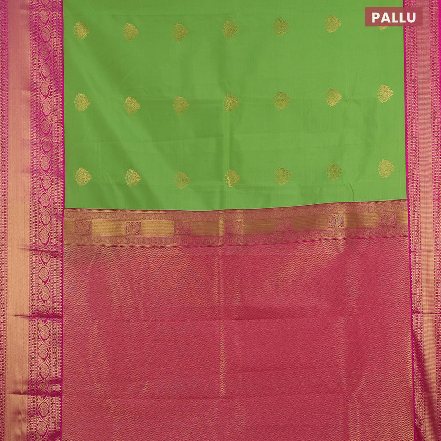 Semi kanjivaram silk saree light green and pink with zari woven buttas and long zari woven korvai border
