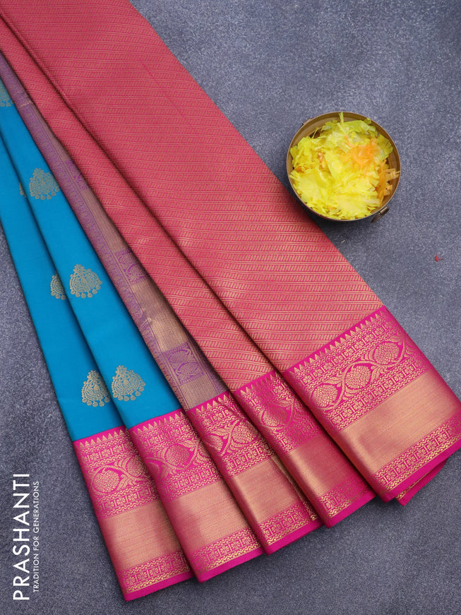 Semi kanjivaram silk saree peacock blue and pink with zari woven buttas and long zari woven korvai border