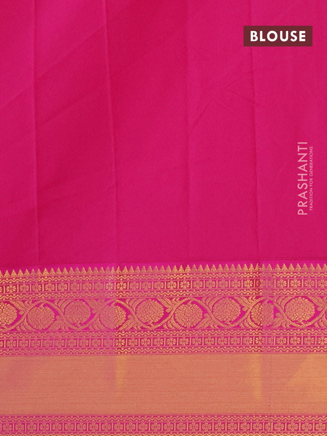 Semi kanjivaram silk saree dark green and pink with zari woven buttas and long zari woven korvai border