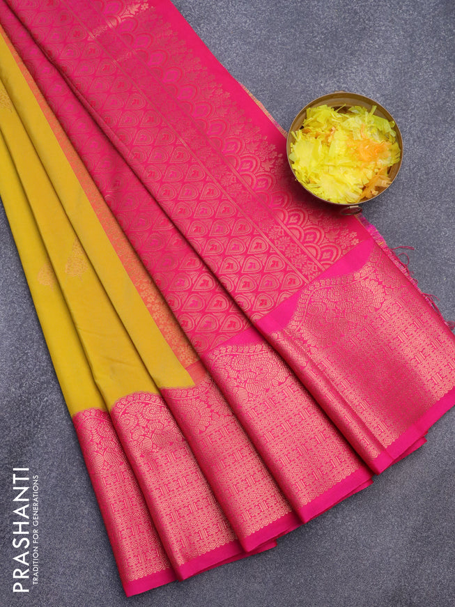 Semi kanjivaram silk saree yellow and pink with copper zari woven buttas and copper zari woven korvai border