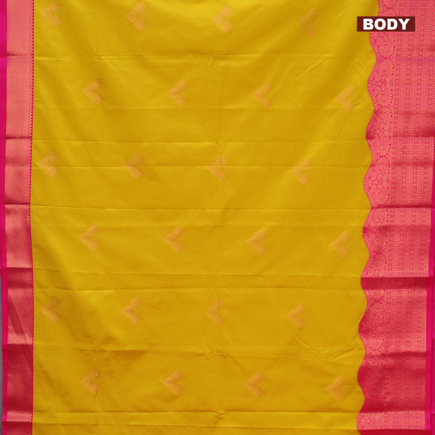 Semi kanjivaram silk saree yellow and pink with copper zari woven buttas and copper zari woven korvai border