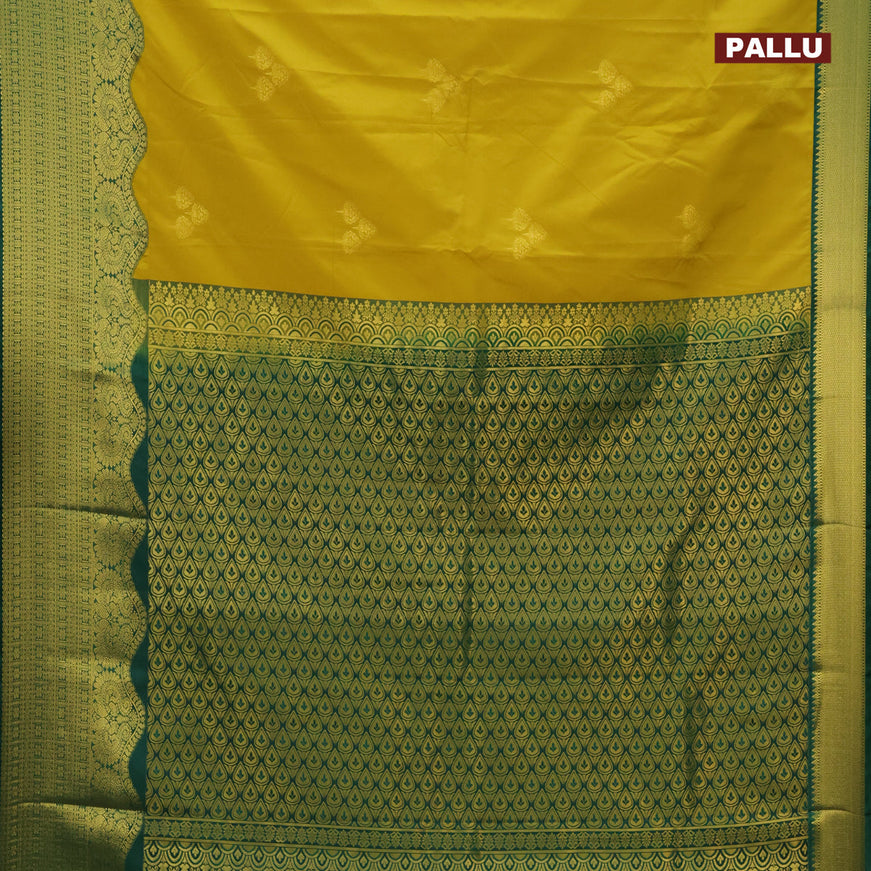 Semi kanjivaram silk saree yellow and green with zari woven buttas and rich zari woven korvai border