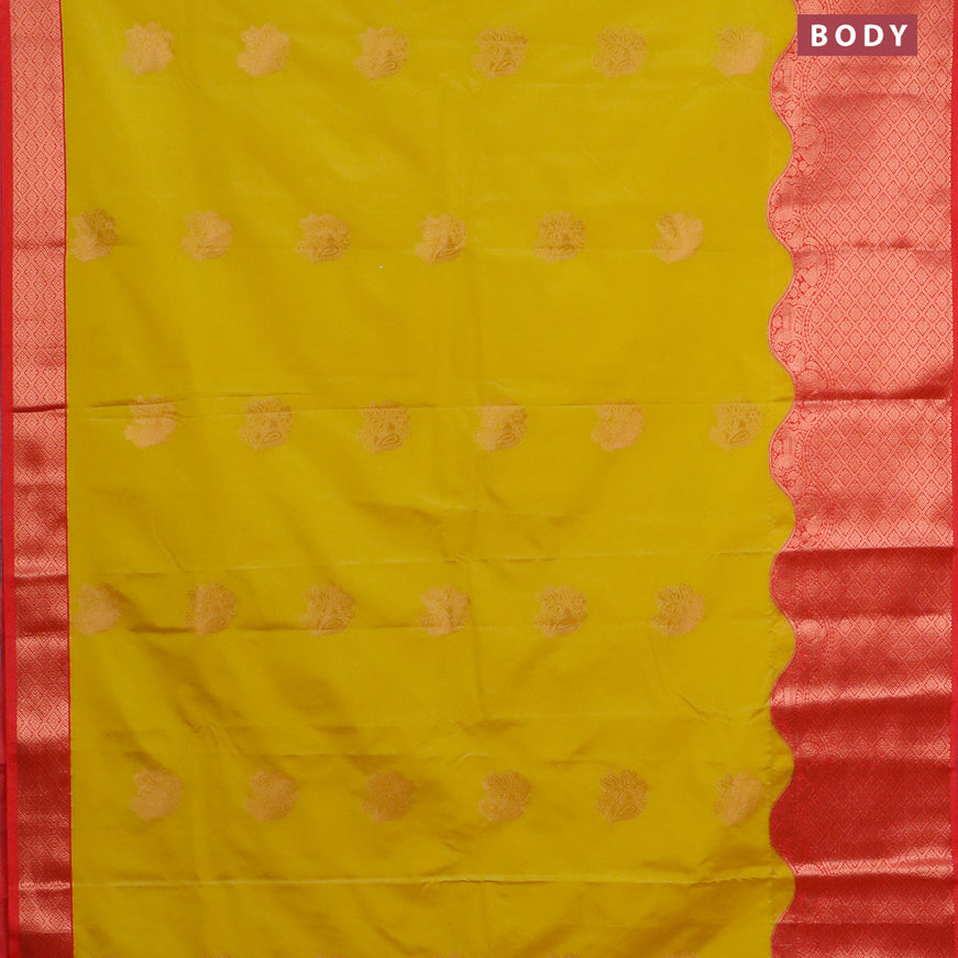 Semi kanjivaram silk saree yellow and pink shade with copper zari woven buttas and rich copper zari woven korvai border