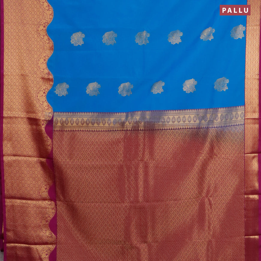 Semi kanjivaram silk saree cs blue and purple with zari woven buttas and zari woven korvai border