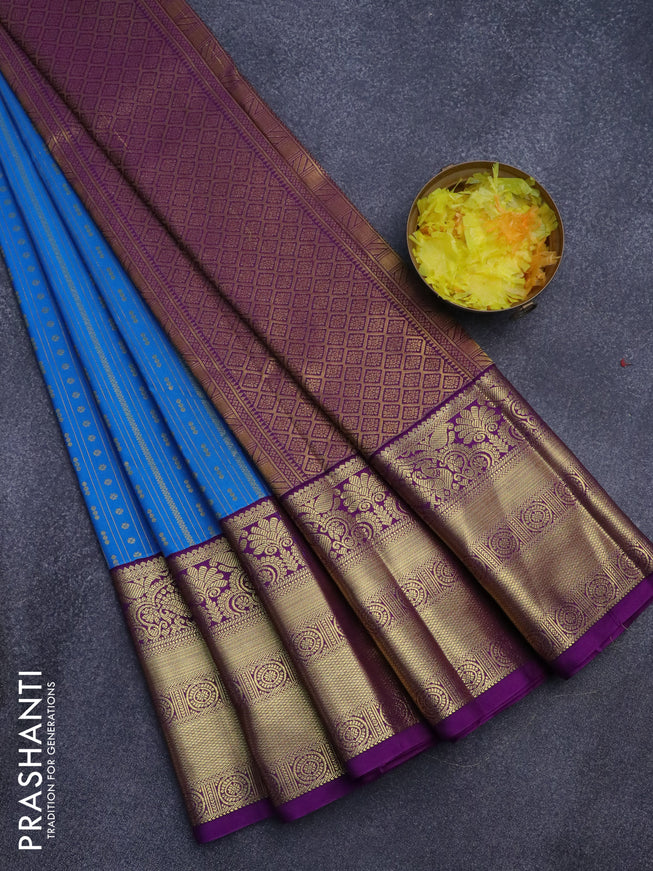 Semi kanjivaram silk saree cs blue and deep purple with allover zari weaves & buttas and zari woven korvai border