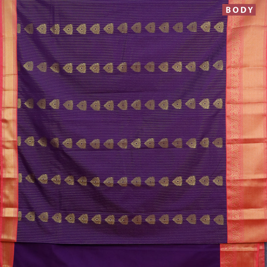 Semi kanjivaram silk saree dark purple and peach pink with allover zari weaves and zari woven korvai border