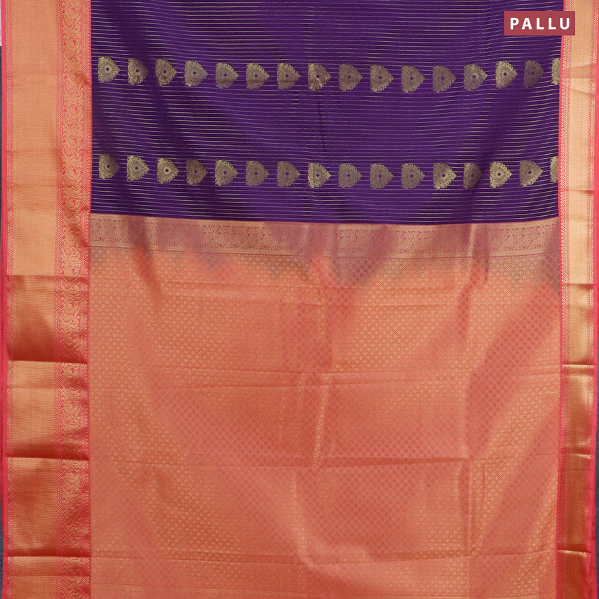 Semi kanjivaram silk saree dark purple and peach pink with allover zari weaves and zari woven korvai border