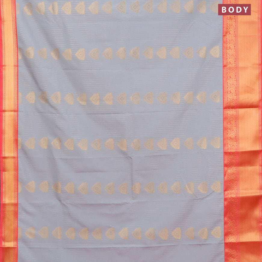 Semi kanjivaram silk saree grey and peach pink with allover zari weaves and zari woven korvai border