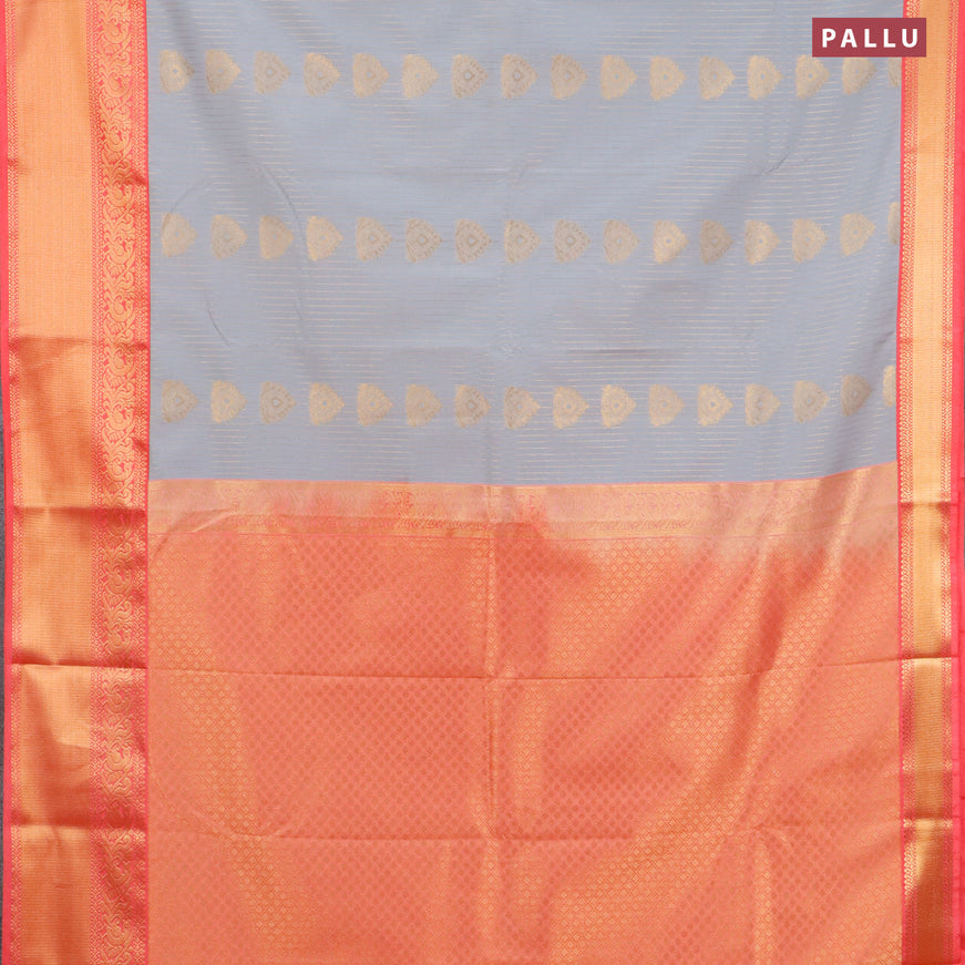 Semi kanjivaram silk saree grey and peach pink with allover zari weaves and zari woven korvai border