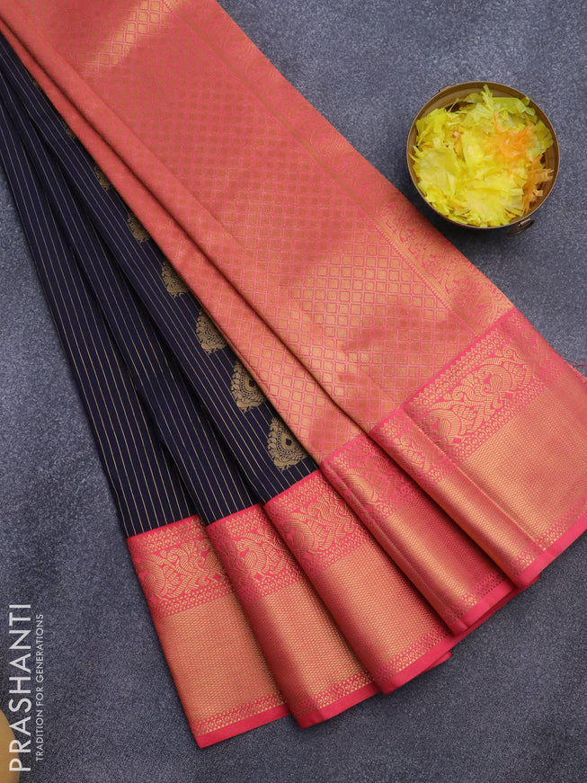 Semi kanjivaram silk saree navy blue and peach pink with allover zari weaves and zari woven korvai border