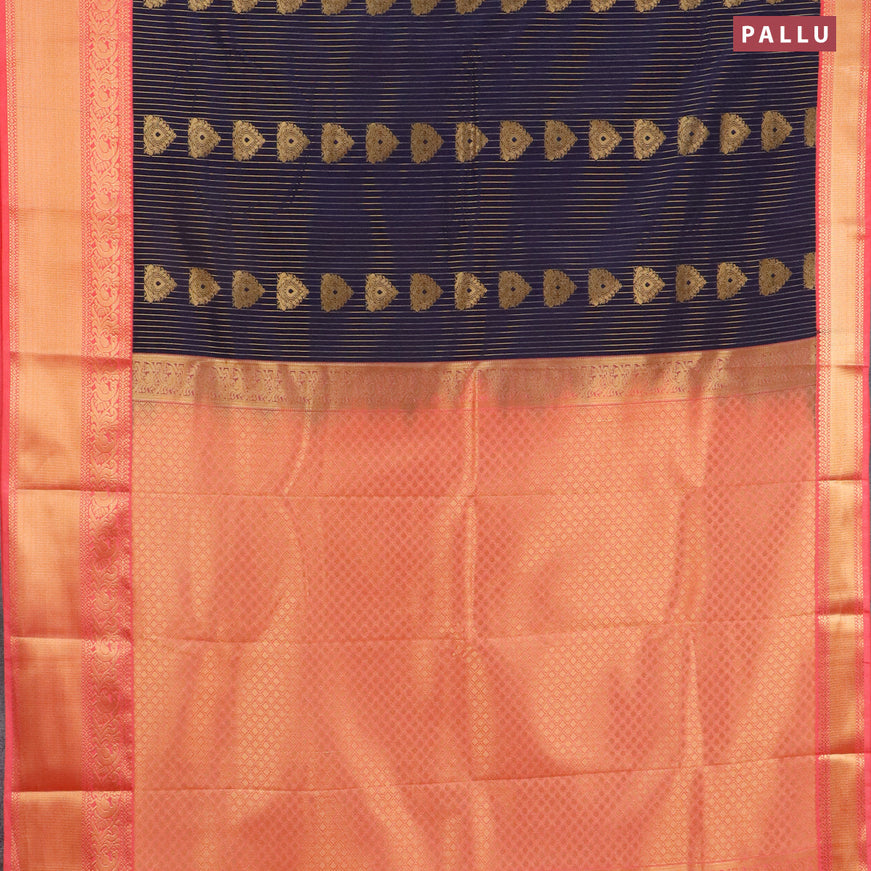 Semi kanjivaram silk saree navy blue and peach pink with allover zari weaves and zari woven korvai border