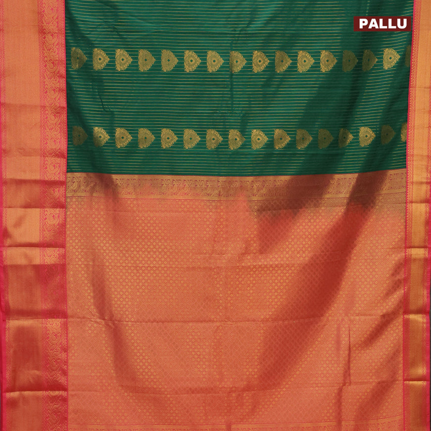 Semi kanjivaram silk saree green and peach pink with allover zari weaves and zari woven korvai border