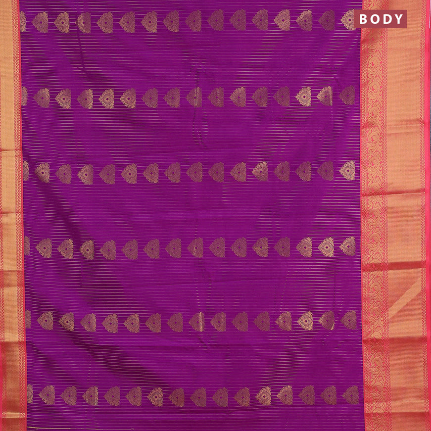 Semi kanjivaram silk saree purple and peach pink with allover zari weaves and zari woven korvai border