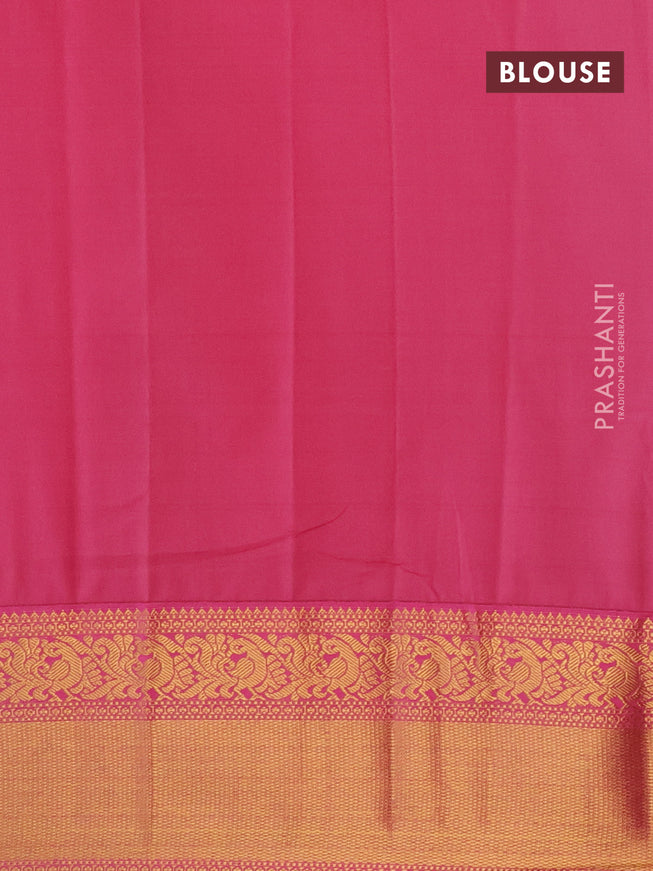 Semi kanjivaram silk saree green and magenta pink with allover zari weaves and zari woven korvai border