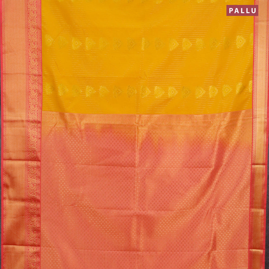 Semi kanjivaram silk saree mango yellow and peach pink with allover zari weaves and zari woven korvai border