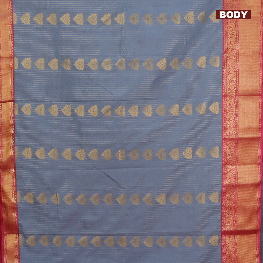 Semi kanjivaram silk saree grey and pink with allover zari weaves and zari woven korvai border
