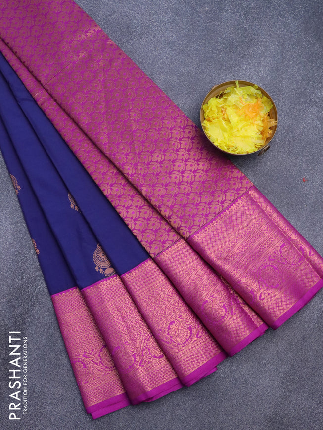 Semi kanjivaram silk saree navy blue and purple with copper zari woven buttas and long copper zari woven korvai border