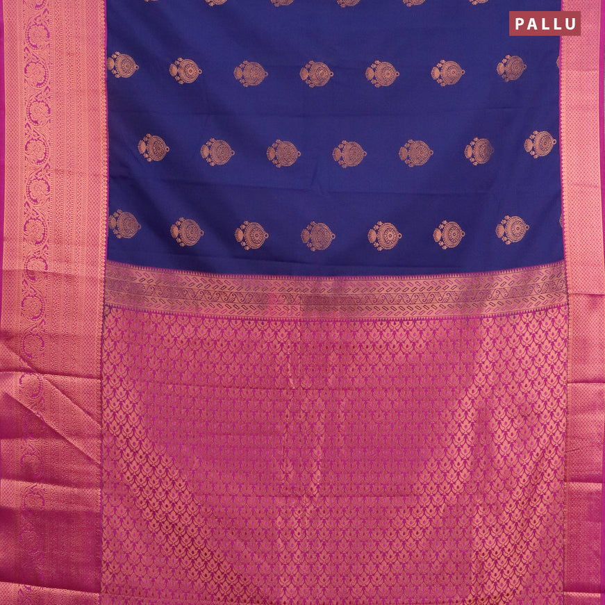 Semi kanjivaram silk saree navy blue and purple with copper zari woven buttas and long copper zari woven korvai border