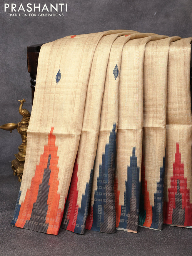 Semi tussar saree sandal and maroon sjade with allover zari weaves and temple design border