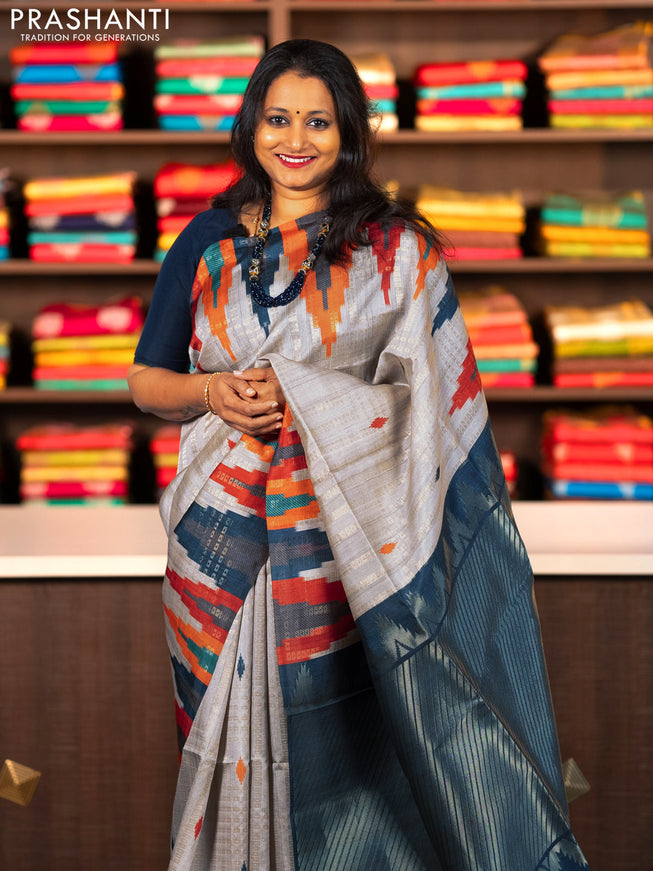 Semi tussar saree grey shade and peacock blue with allover zari weaves and temple design border