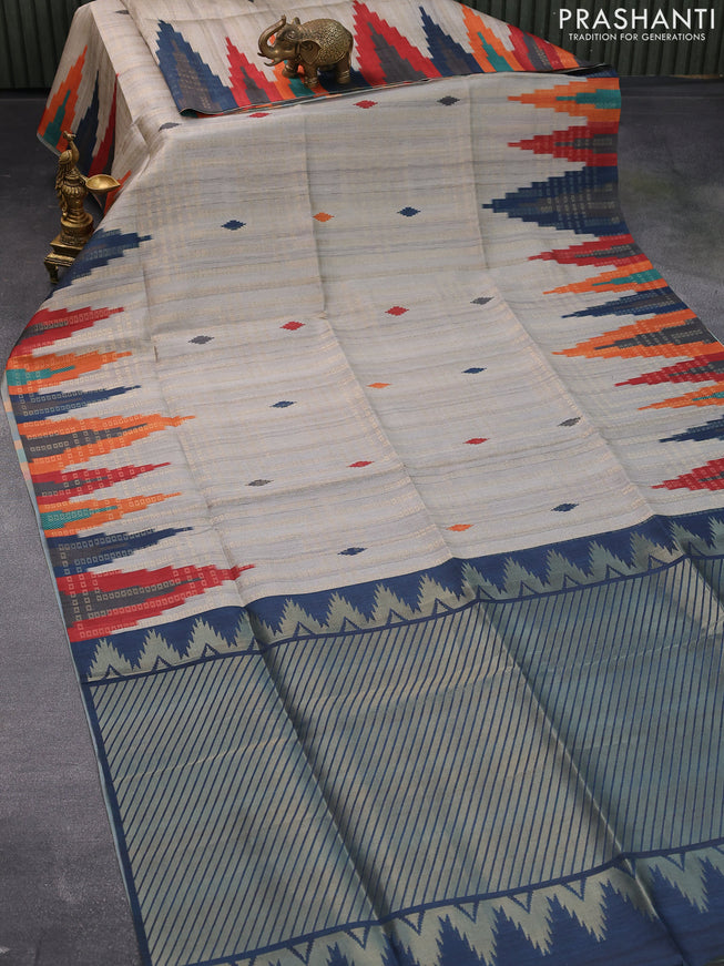 Semi tussar saree grey shade and peacock blue with allover zari weaves and temple design border
