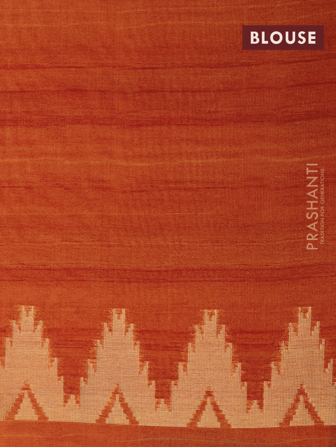 Semi tussar saree peach shade and rustic orange with allover zari weaves and temple design border