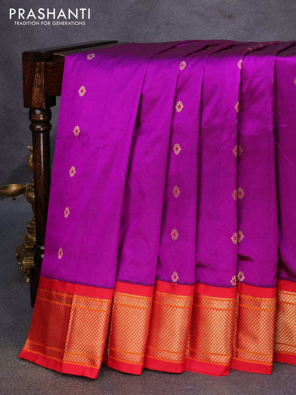 Pure paithani silk saree magenta pink and red with allover zari woven floral buttas and zari woven border