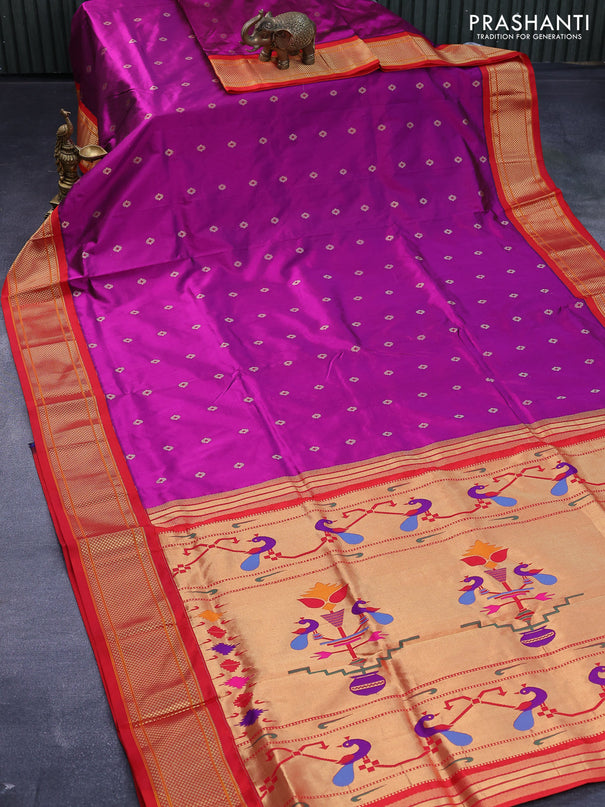 Pure paithani silk saree magenta pink and red with allover zari woven floral buttas and zari woven border