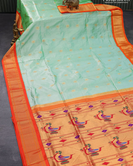 Pure paithani silk saree pastel green and orange with peacock zari woven buttas and zari woven border