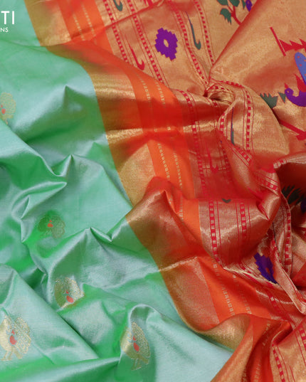 Pure paithani silk saree pastel green and orange with peacock zari woven buttas and zari woven border