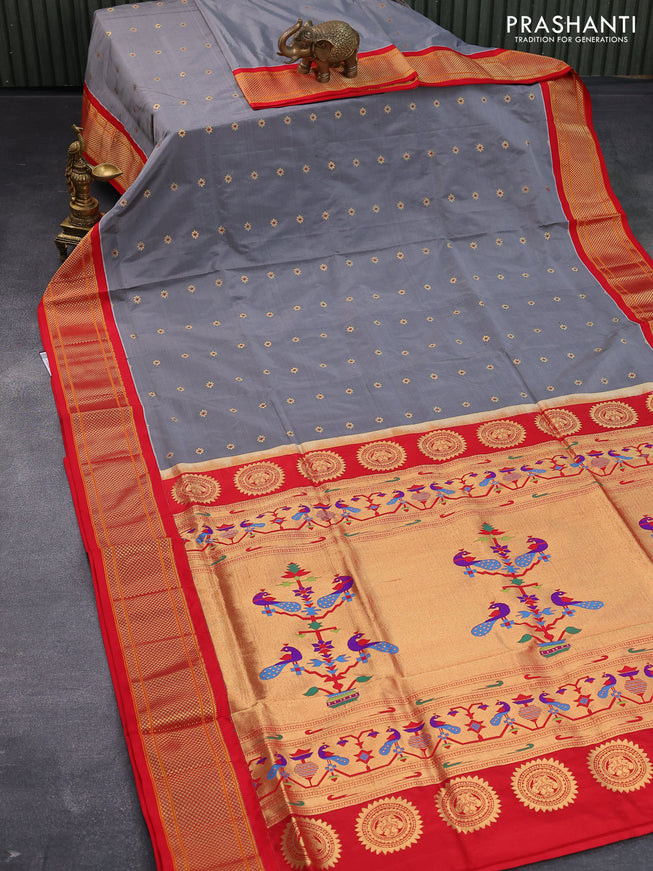 Pure paithani silk saree grey and red with allover zari woven floral buttas and zari woven border