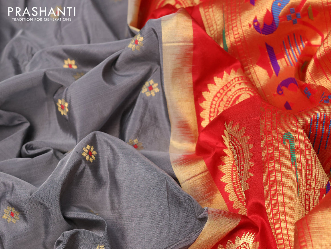 Pure paithani silk saree grey and red with allover zari woven floral buttas and zari woven border