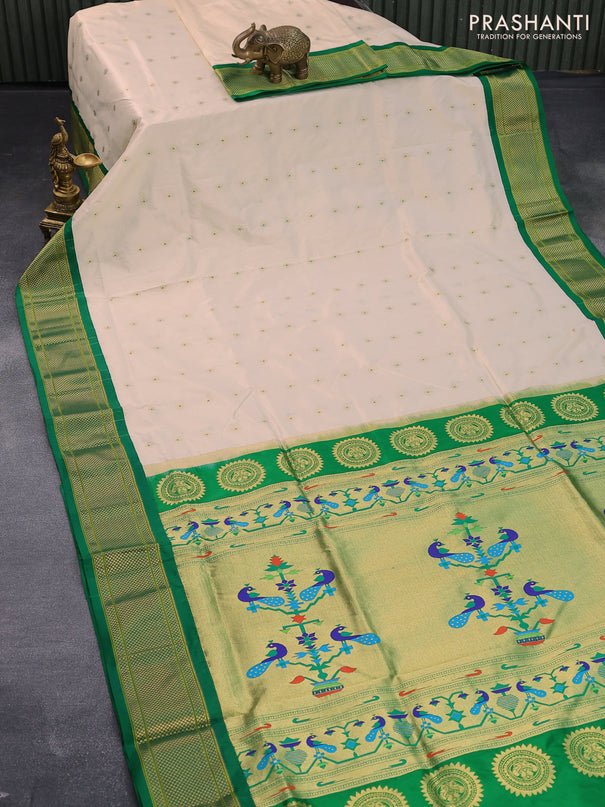 Pure paithani silk saree off white and green with allover zari woven floral buttas and zari woven border