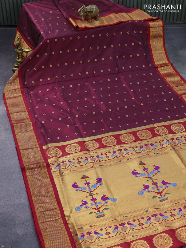 Pure paithani silk saree maroon and red with zari woven floral buttas and zari woven border