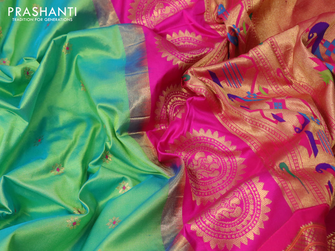 Pure paithani silk saree dual shade of teal green and pink with zari woven floral buttas and zari woven border
