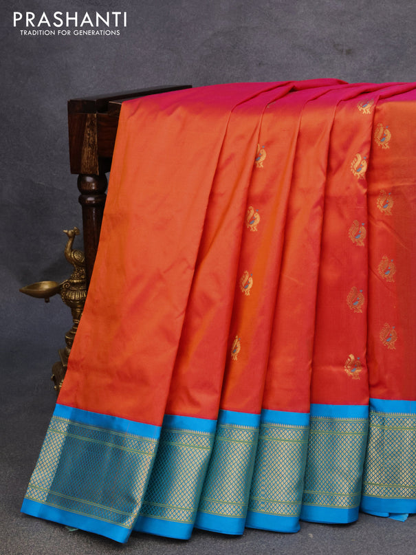 Pure paithani silk saree dual shade of pinkish orange and cs blue with peacock zari woven buttas and zari woven border