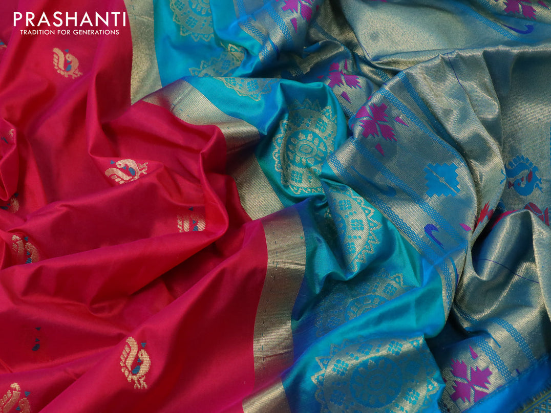 Pure paithani silk saree pink and cs blue with peacock zari woven buttas and zari woven border