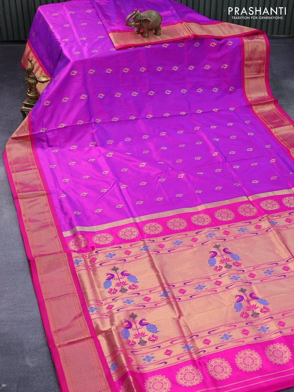 Pure paithani silk saree purple and pink with peacock zari woven buttas and zari woven border
