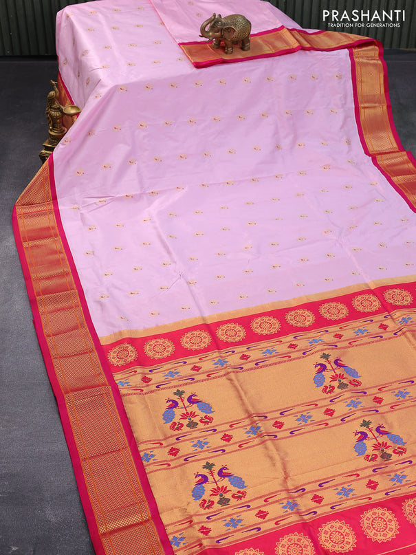 Pure paithani silk saree baby pink and pink with peacock zari woven buttas and zari woven border