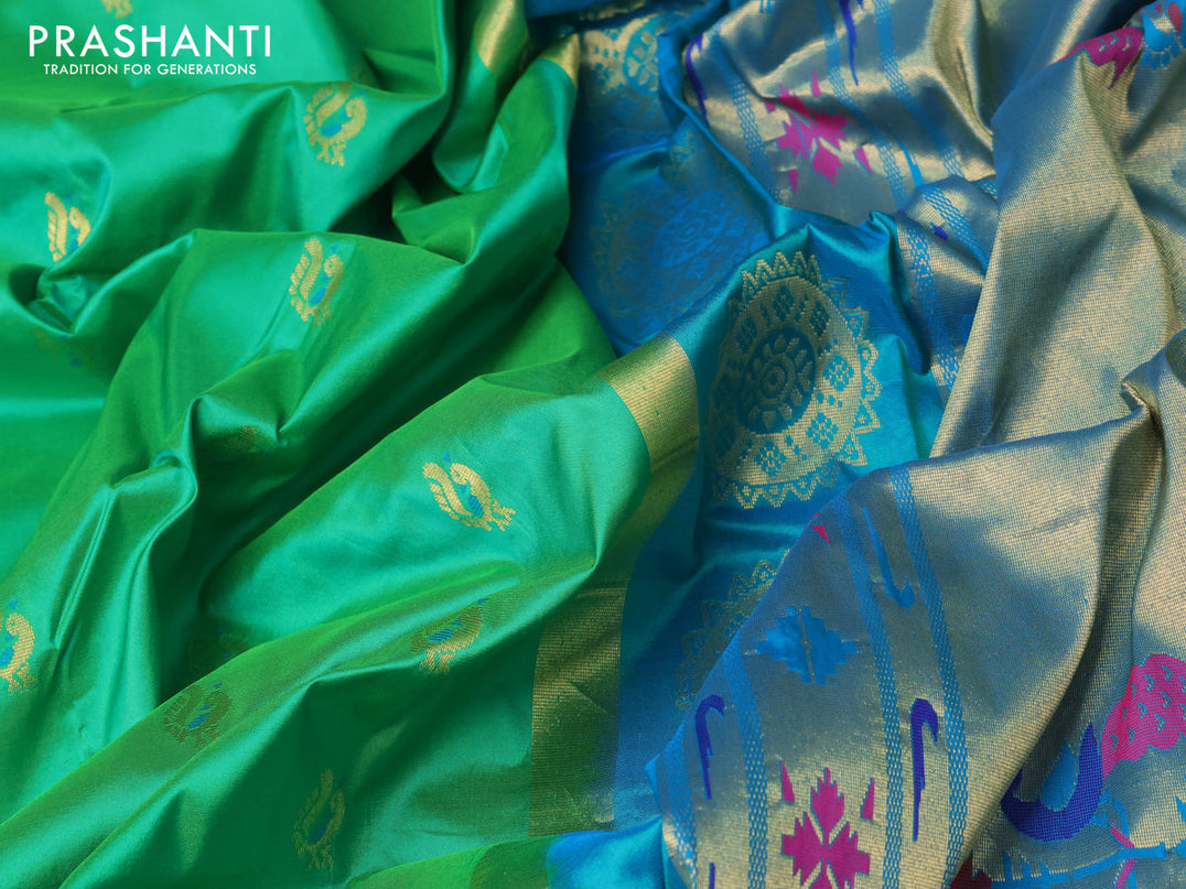 Pure paithani silk saree light green and cs blue with peacock zari woven buttas and zari woven border