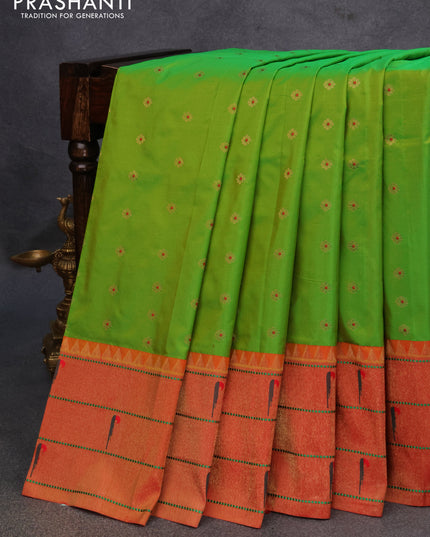 Pure paithani silk saree light green and red with allover zari woven floral buttas and zari woven paithani butta border