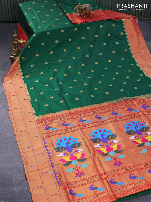 Pure paithani silk saree dark green and red with annam zari woven buttas and zari woven paithani butta border