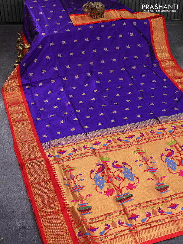 Pure paithani silk saree blue and red with annam zari woven buttas and zari woven border