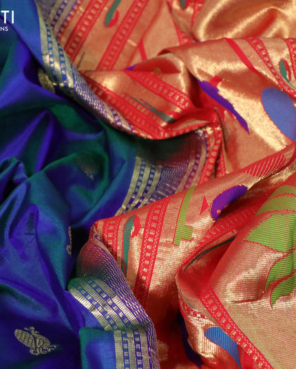 Pure paithani silk saree dual shade of bluish green and red with annam zari woven buttas and zari woven border