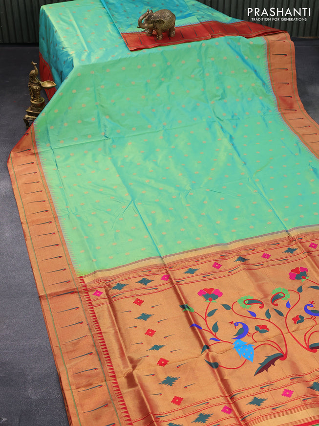Pure paithani silk saree teal green and red with allover zari woven floral buttas and zari woven paithani butta border