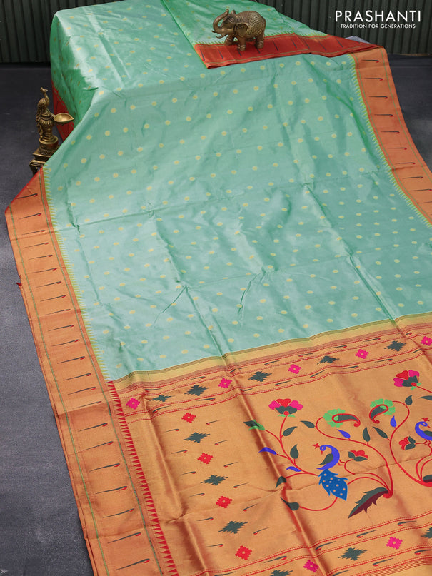 Pure paithani silk saree teal green and red with allover zari woven floral buttas and zari woven paithani butta border